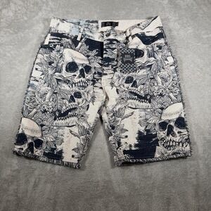 Rebel Vengeance Shorts Mens 40 Black White Skull Print Denim Fringe Goth